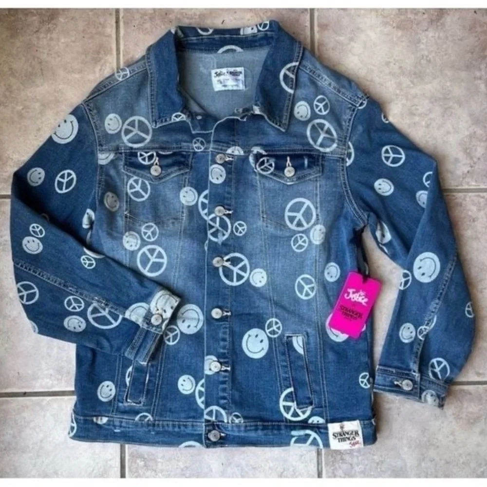 Stranger Things X Justice Girls Jean Jacket | Peace & Smiley Faces | M | 7-8